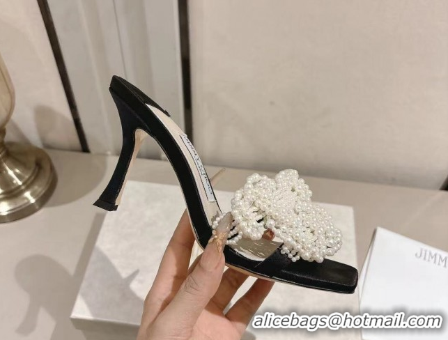 Purchase Jimmy Choo Cary Heel Slides Sandal 7cm in Satin with Pearl Embellishments Black 1031025