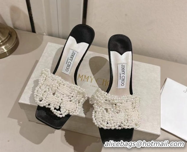 Purchase Jimmy Choo Cary Heel Slides Sandal 7cm in Satin with Pearl Embellishments Black 1031025