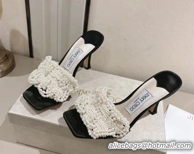 Purchase Jimmy Choo Cary Heel Slides Sandal 7cm in Satin with Pearl Embellishments Black 1031025