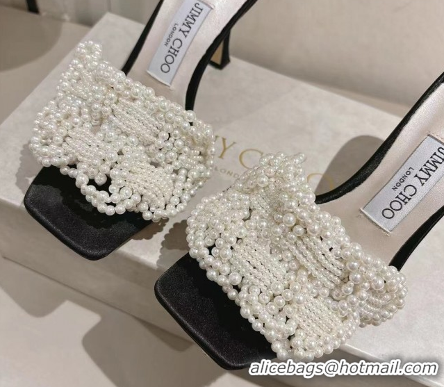 Purchase Jimmy Choo Cary Heel Slides Sandal 7cm in Satin with Pearl Embellishments Black 1031025