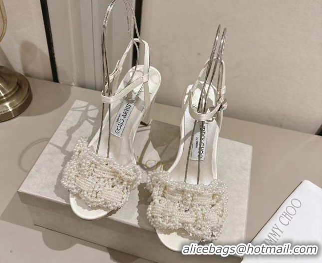 Good Quality Jimmy Choo Cary Heel Sandals 8.5cm in Satin with Pearl Embellishments White 1031026