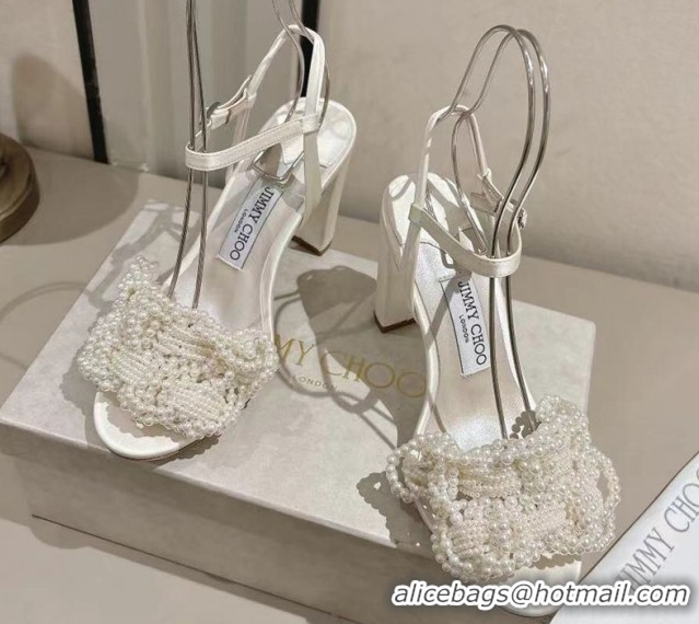 Good Quality Jimmy Choo Cary Heel Sandals 8.5cm in Satin with Pearl Embellishments White 1031026