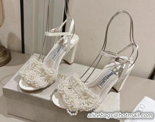 Good Quality Jimmy Choo Cary Heel Sandals 8.5cm in Satin with Pearl Embellishments White 1031026