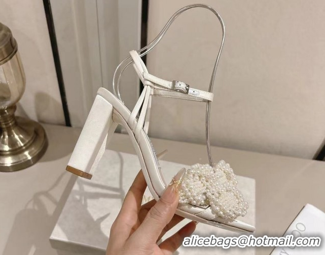 Good Quality Jimmy Choo Cary Heel Sandals 8.5cm in Satin with Pearl Embellishments White 1031026