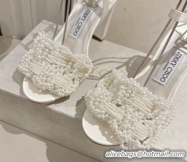 Good Quality Jimmy Choo Cary Heel Sandals 8.5cm in Satin with Pearl Embellishments White 1031026