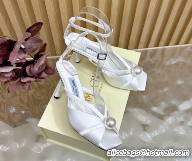 Luxury Cheap Jimmy Choo Siva Heel Sandals 8.5cm in Satin with Pearl White 1031028