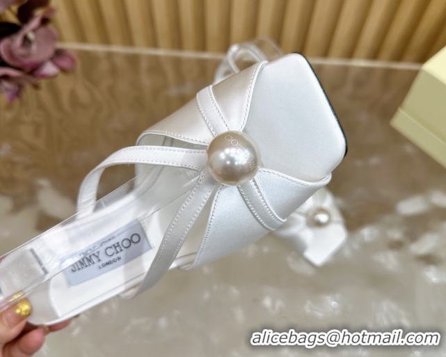 Luxury Cheap Jimmy Choo Siva Heel Sandals 8.5cm in Satin with Pearl White 1031028