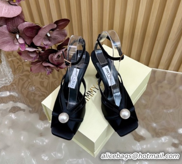 Luxury Jimmy Choo Siva Heel Sandals 8.5cm in Satin with Pearl Black 1031029