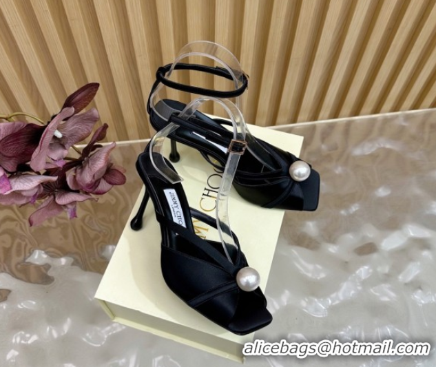 Luxury Jimmy Choo Siva Heel Sandals 8.5cm in Satin with Pearl Black 1031029