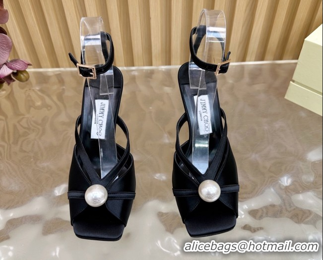 Luxury Jimmy Choo Siva Heel Sandals 8.5cm in Satin with Pearl Black 1031029