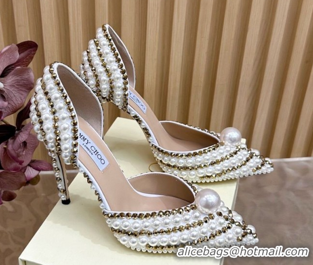 Popular Style Jimmy Choo Sacora Pumps 10cm with Pearls and Strass White 2025 JC103101