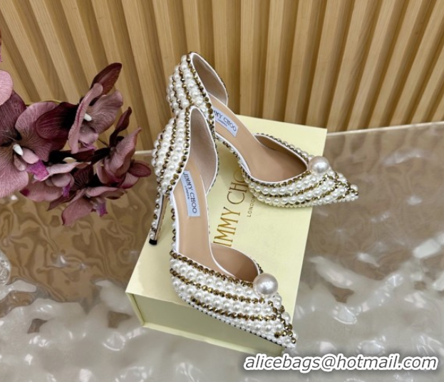 Popular Style Jimmy Choo Sacora Pumps 10cm with Pearls and Strass White 2025 JC103101