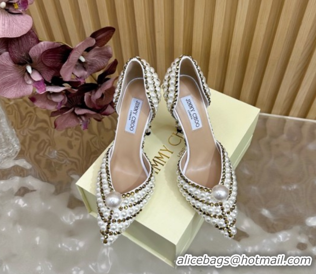 Popular Style Jimmy Choo Sacora Pumps 10cm with Pearls and Strass White 2025 JC103101