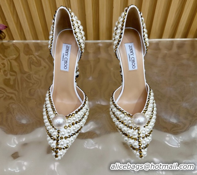 Popular Style Jimmy Choo Sacora Pumps 10cm with Pearls and Strass White 2025 JC103101