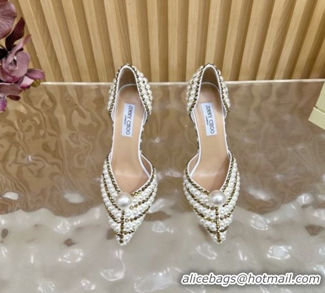 Popular Style Jimmy Choo Sacora Pumps 10cm with Pearls and Strass White 2025 JC103101