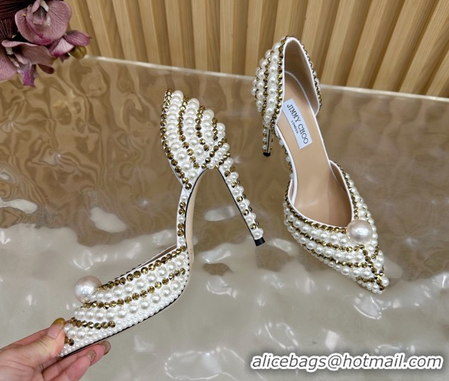 Popular Style Jimmy Choo Sacora Pumps 10cm with Pearls and Strass White 2025 JC103101