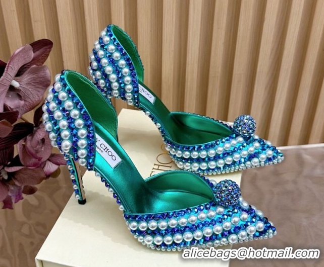 Classic Hot Jimmy Choo Sacora Pumps 10cm with Pearls and Strass Green 2025 JC103101