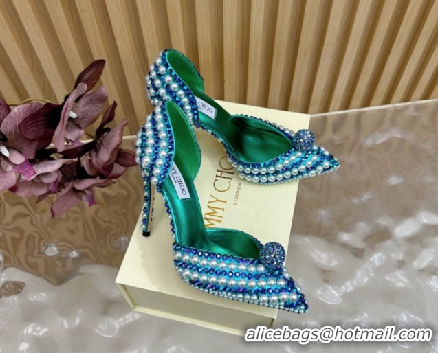 Classic Hot Jimmy Choo Sacora Pumps 10cm with Pearls and Strass Green 2025 JC103101
