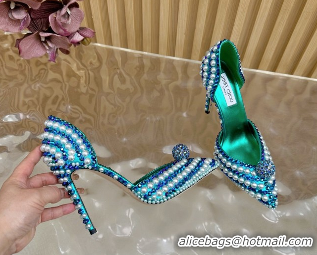 Classic Hot Jimmy Choo Sacora Pumps 10cm with Pearls and Strass Green 2025 JC103101