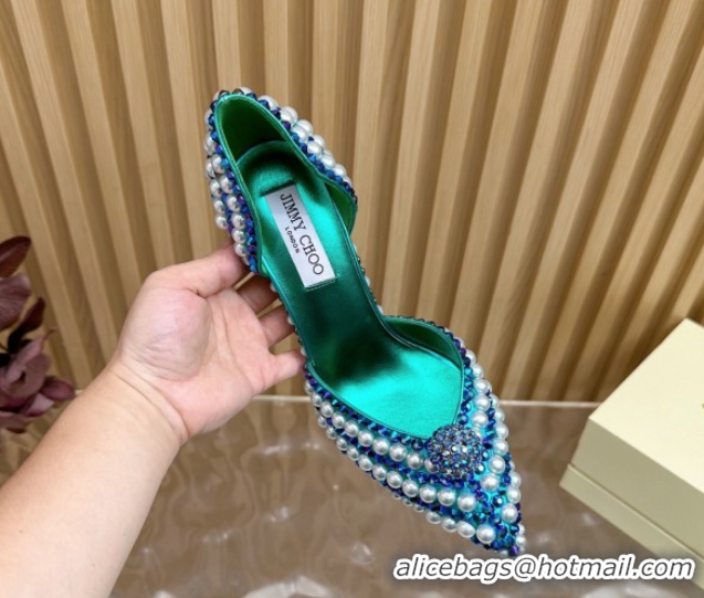 Classic Hot Jimmy Choo Sacora Pumps 10cm with Pearls and Strass Green 2025 JC103101