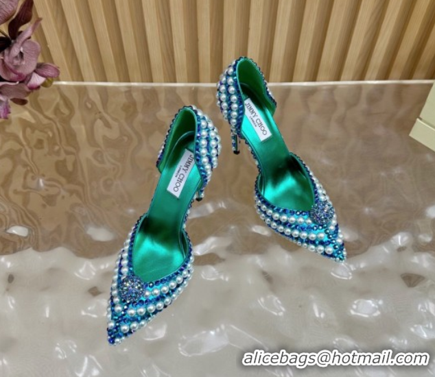 Classic Hot Jimmy Choo Sacora Pumps 10cm with Pearls and Strass Green 2025 JC103101