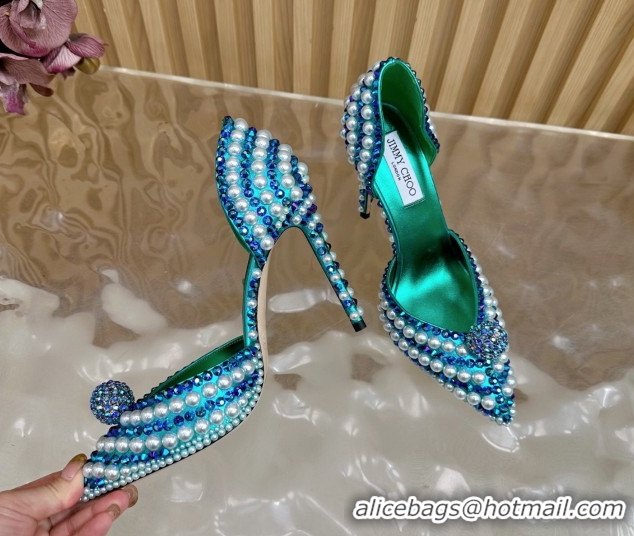 Classic Hot Jimmy Choo Sacora Pumps 10cm with Pearls and Strass Green 2025 JC103101