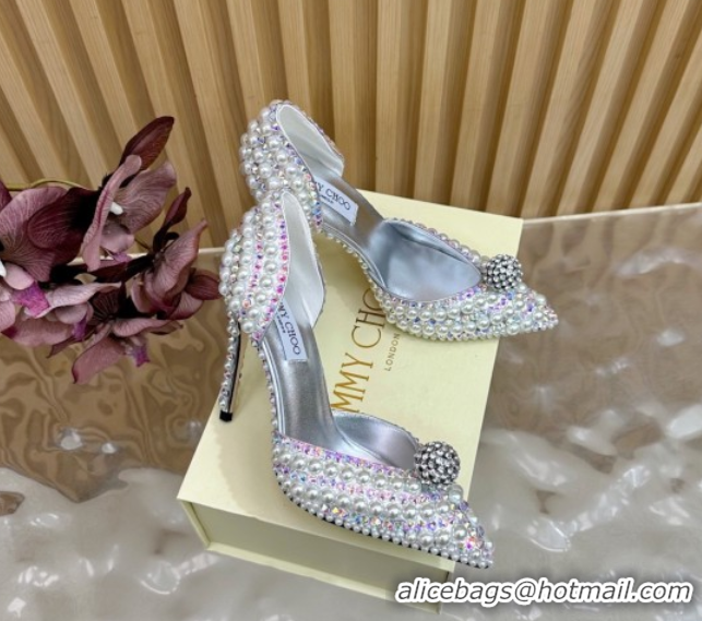 Top Design Jimmy Choo Sacora Pumps 10cm with Pearls and Strass Silver 2025 JC103101