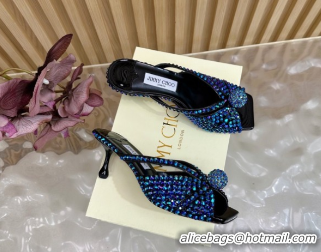 Unique Style Jimmy Choo Siva Heel Slides Sandal 8.5cm with Strass Allover Blue 2025 JC103102