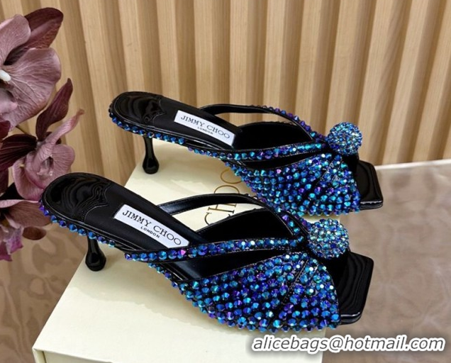 Unique Style Jimmy Choo Siva Heel Slides Sandal 8.5cm with Strass Allover Blue 2025 JC103102