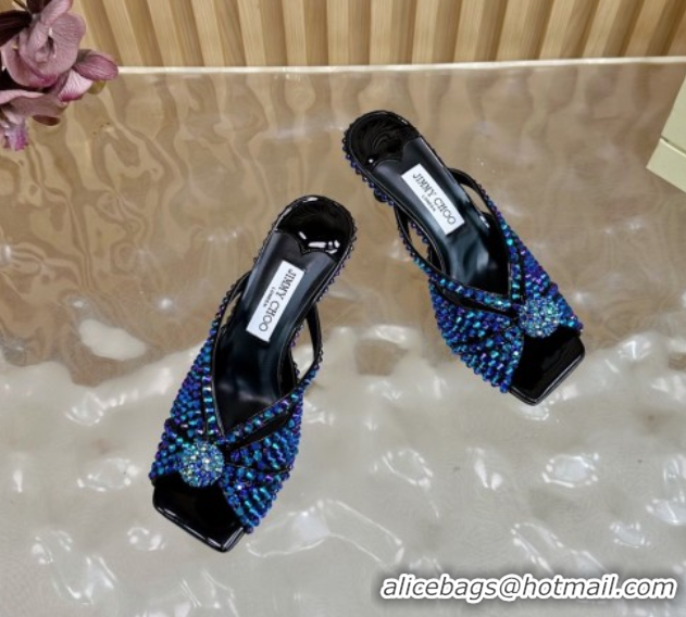 Unique Style Jimmy Choo Siva Heel Slides Sandal 8.5cm with Strass Allover Blue 2025 JC103102
