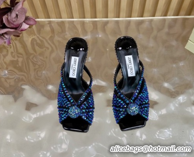 Unique Style Jimmy Choo Siva Heel Slides Sandal 8.5cm with Strass Allover Blue 2025 JC103102
