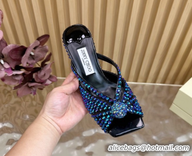 Unique Style Jimmy Choo Siva Heel Slides Sandal 8.5cm with Strass Allover Blue 2025 JC103102