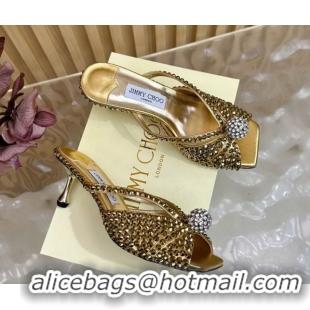 Good Quality Jimmy Choo Siva Heel Slides Sandal 8.5cm with Strass Allover Gold 2025 JC103102