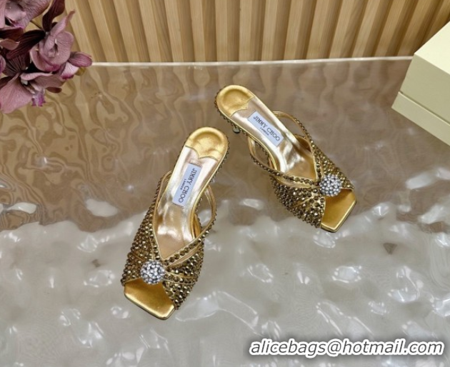 Good Quality Jimmy Choo Siva Heel Slides Sandal 8.5cm with Strass Allover Gold 2025 JC103102