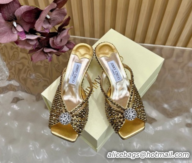 Good Quality Jimmy Choo Siva Heel Slides Sandal 8.5cm with Strass Allover Gold 2025 JC103102