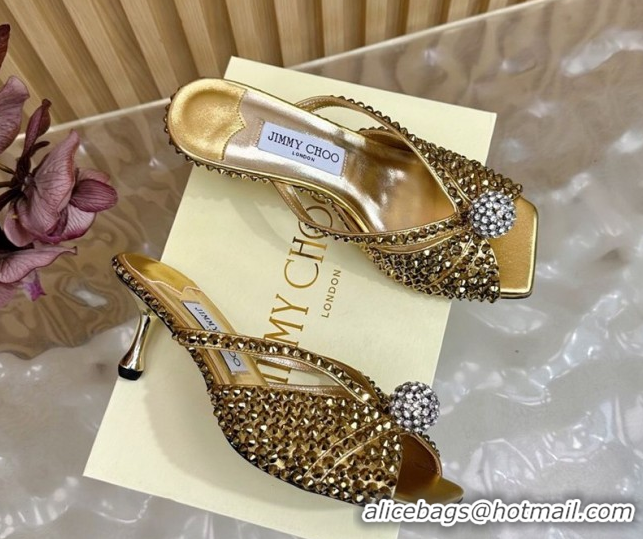 Good Quality Jimmy Choo Siva Heel Slides Sandal 8.5cm with Strass Allover Gold 2025 JC103102
