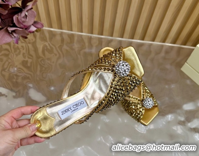 Good Quality Jimmy Choo Siva Heel Slides Sandal 8.5cm with Strass Allover Gold 2025 JC103102