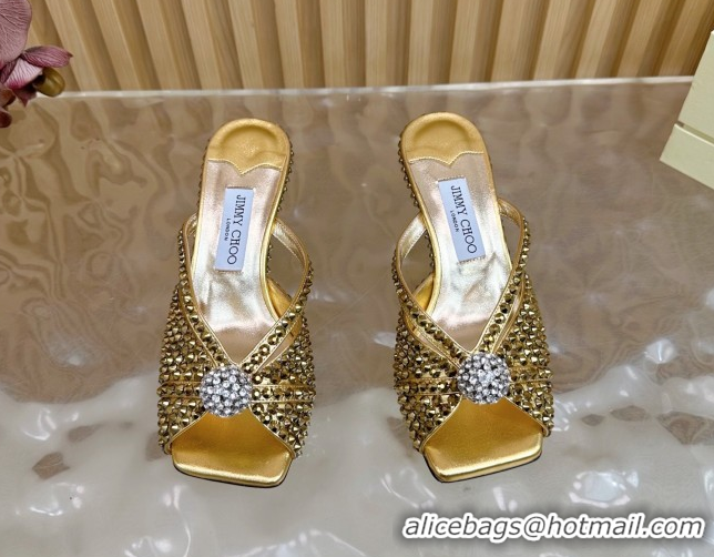 Good Quality Jimmy Choo Siva Heel Slides Sandal 8.5cm with Strass Allover Gold 2025 JC103102