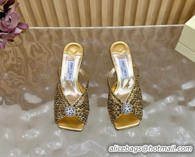 Good Quality Jimmy Choo Siva Heel Slides Sandal 8.5cm with Strass Allover Gold 2025 JC103102