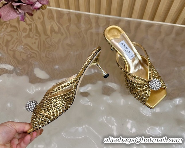 Good Quality Jimmy Choo Siva Heel Slides Sandal 8.5cm with Strass Allover Gold 2025 JC103102