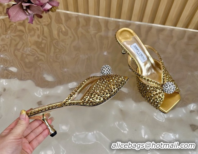 Good Quality Jimmy Choo Siva Heel Slides Sandal 8.5cm with Strass Allover Gold 2025 JC103102