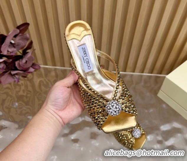 Good Quality Jimmy Choo Siva Heel Slides Sandal 8.5cm with Strass Allover Gold 2025 JC103102
