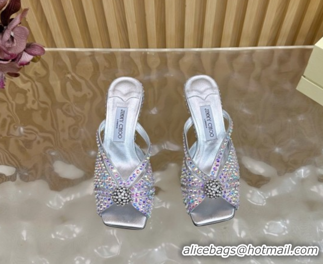 Good Looking Jimmy Choo Siva Heel Slides Sandal 8.5cm with Strass Allover Silver JC103102 2025