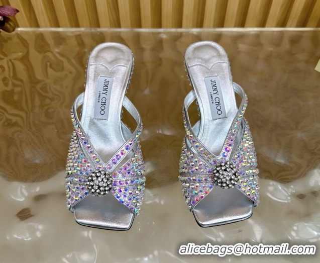 Good Looking Jimmy Choo Siva Heel Slides Sandal 8.5cm with Strass Allover Silver JC103102 2025