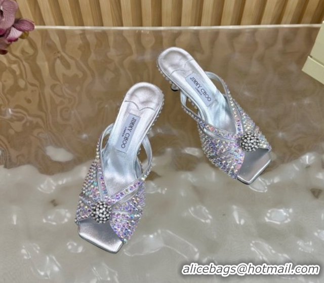 Good Looking Jimmy Choo Siva Heel Slides Sandal 8.5cm with Strass Allover Silver JC103102 2025