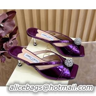 Best Product Jimmy Choo Siva Heel Slides Sandal 6.5cm in Glazed Leather with Strass Purple 2025 JC103102