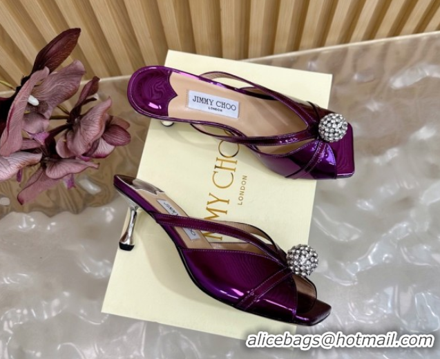 Best Product Jimmy Choo Siva Heel Slides Sandal 6.5cm in Glazed Leather with Strass Purple 2025 JC103102