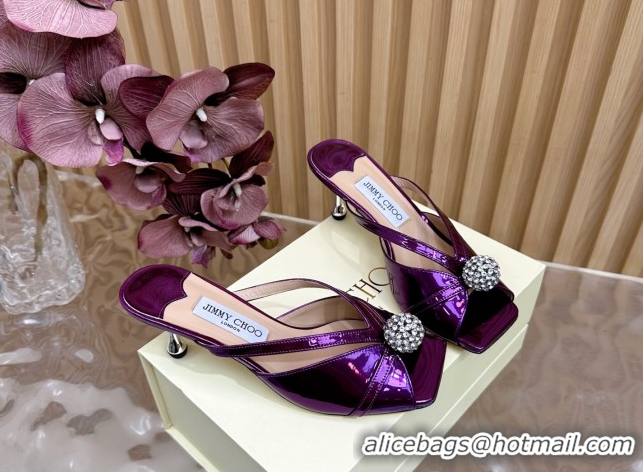 Best Product Jimmy Choo Siva Heel Slides Sandal 6.5cm in Glazed Leather with Strass Purple 2025 JC103102