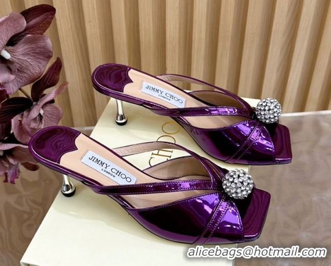 Best Product Jimmy Choo Siva Heel Slides Sandal 6.5cm in Glazed Leather with Strass Purple 2025 JC103102