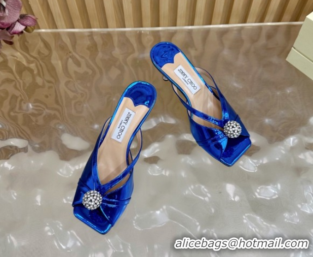 Best Grade Jimmy Choo Siva Heel Slides Sandal 6.5cm in Glazed Leather with Strass Royal Blue 2025 JC103102